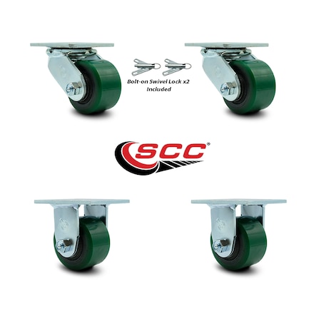 Service Caster 3.25 Inch Green Poly on Steel Caster Set with Ball Bearing 2 Swivel Lock 2 Rigid SCC-30CS3420-PUB-GB-BSL-2-R-2